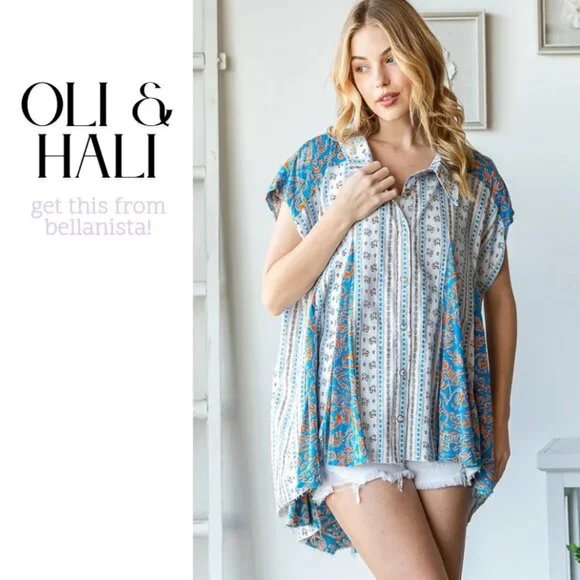 2160 OLI & HALI Blue Printed Flare Hem Button Up Swing Top - Picture 4 of 6